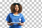 Nurse, healthcare and black woman with tablet idea. Technology, wellness and thinking female medical physician with touchscreen for research or telehealth isolated on a png background