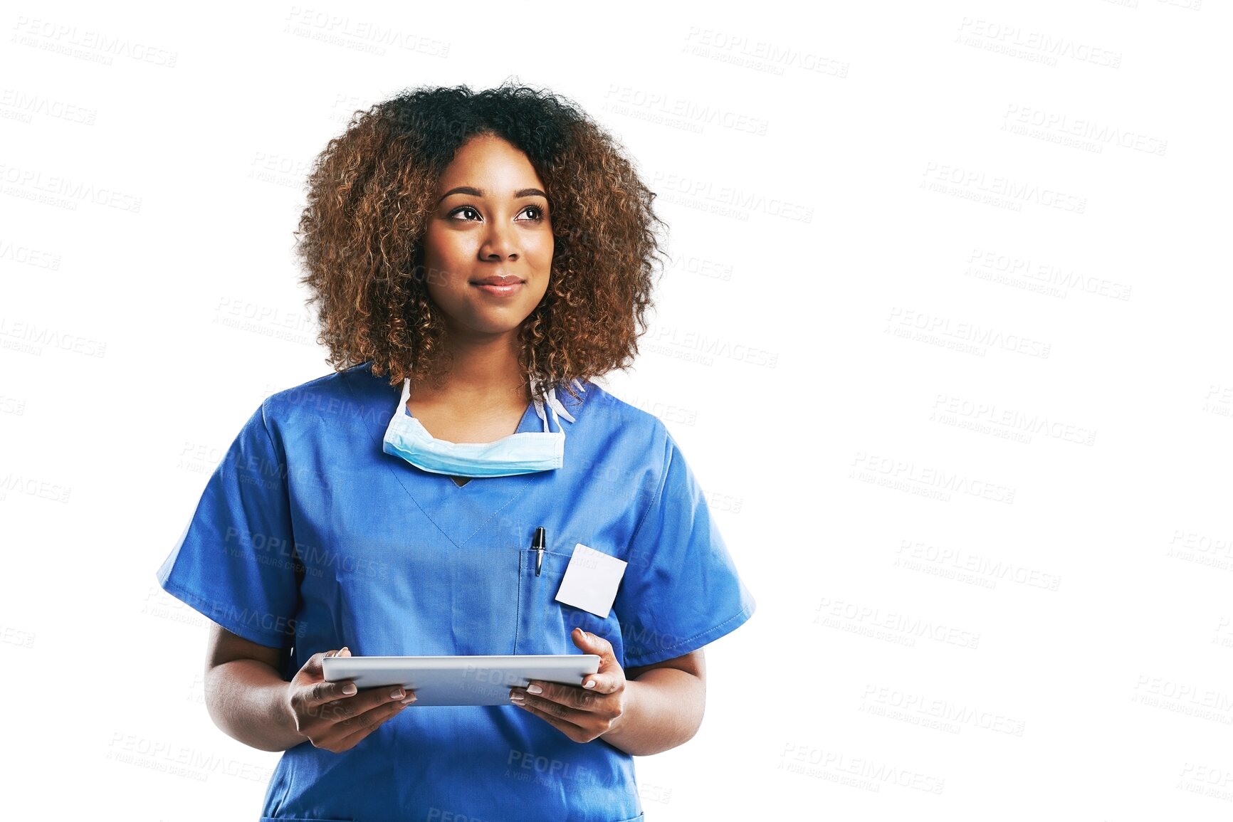 Buy stock photo healthcare, nurse and black woman smiling with technology for idea or isolated on a transparent png background. Female, medical physician and mobile or research and thought for digital checklist  