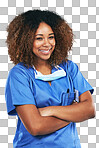 Nurse, black woman and confident portrait with smile, arms crossed and motivation for healthcare. Isolated doctor, happy and focus for vision, medical goals and service at clinic job isolated on a png background