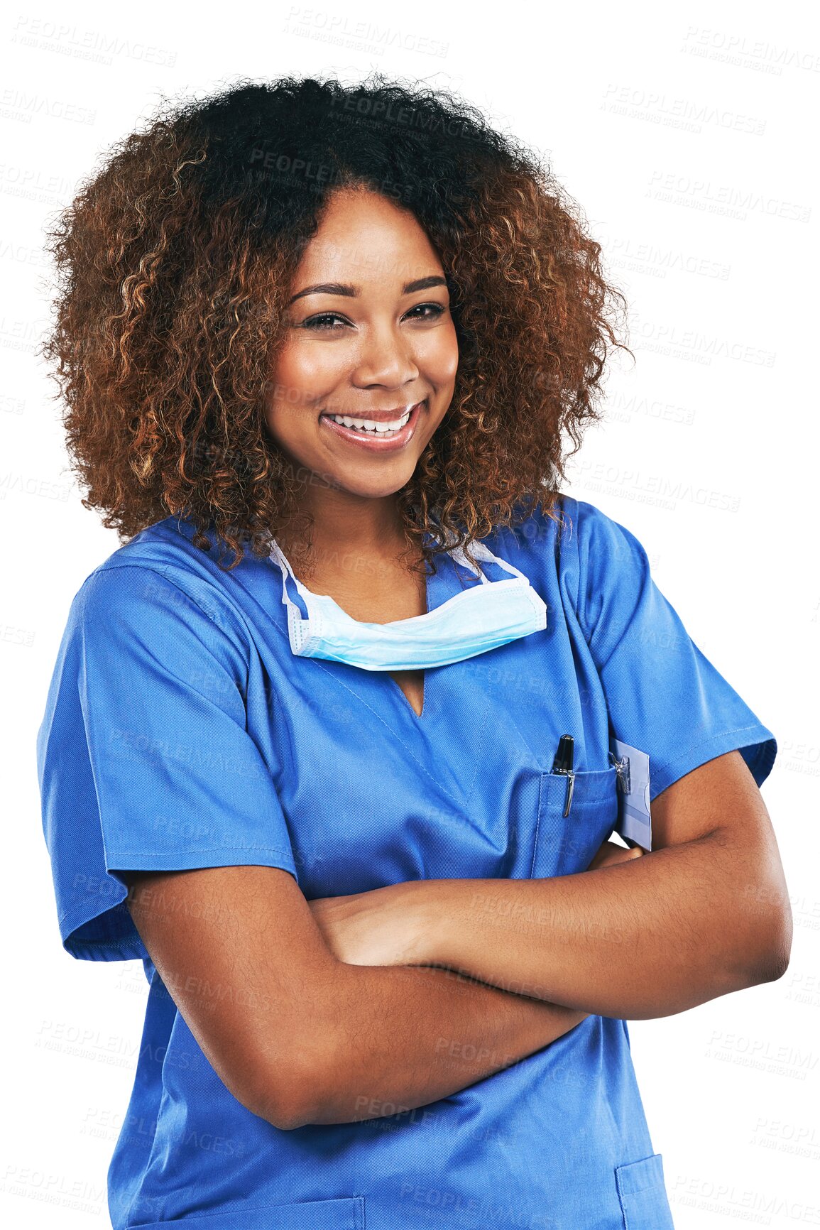 Buy stock photo African nurse woman, isolated and arms crossed in portrait with smile, pride and transparent png background. Young female medic, doctor and happiness for healthcare, wellness and service at clinic