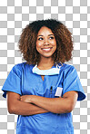 Thinking, nurse and black woman with arms crossed. Medical, thinking and confident, proud and happy female physician with ideas, thoughts or contemplating isolated on a png background