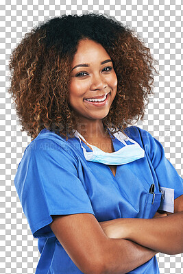 Nurse, portrait and black woman with arms crossed. Medic, healthcare or confident, happy or proud female medical physician from Nigeria ready for wellness goals isolated on a png background