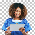 Tablet, black woman and healthcare nurse on technology and wellness app. Happy person or female medical physician with touchscreen for research or telehealth isolated on a png background