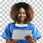 Doctor black woman, tablet typing and smile, focus or science research on web app. Isolated nurse, mobile tech touchscreen or reading on social network, article or news isolated on a png background