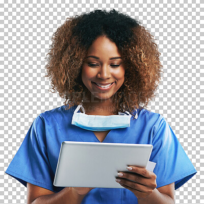 Doctor black woman, tablet typing and smile, focus or science research on web app. Isolated nurse, mobile tech touchscreen or reading on social network, article or news isolated on a png background
