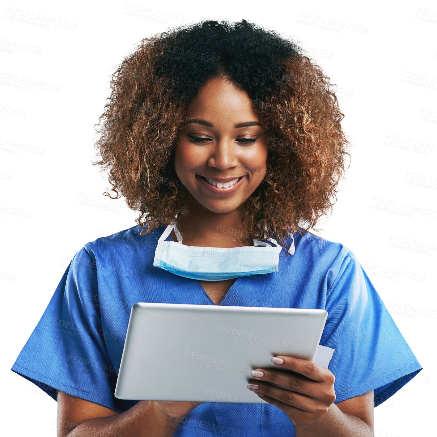 Buy stock photo Doctor, nurse or woman with tablet isolated on png, transparent background for happy hospital results on tech. African surgeon or medical person with digital research or telehealth website