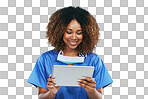 Healthcare tablet, nurse and black woman smiling. Technology, wellness app and happy young female medical physician with touchscreen for research or telehealth isolated on a png background