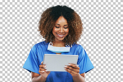 Buy stock photo African woman, nurse and tablet isolated on png, transparent background for surgery or hospital technology. Happy surgeon, doctor or medical person with mask, digital research and telehealth website