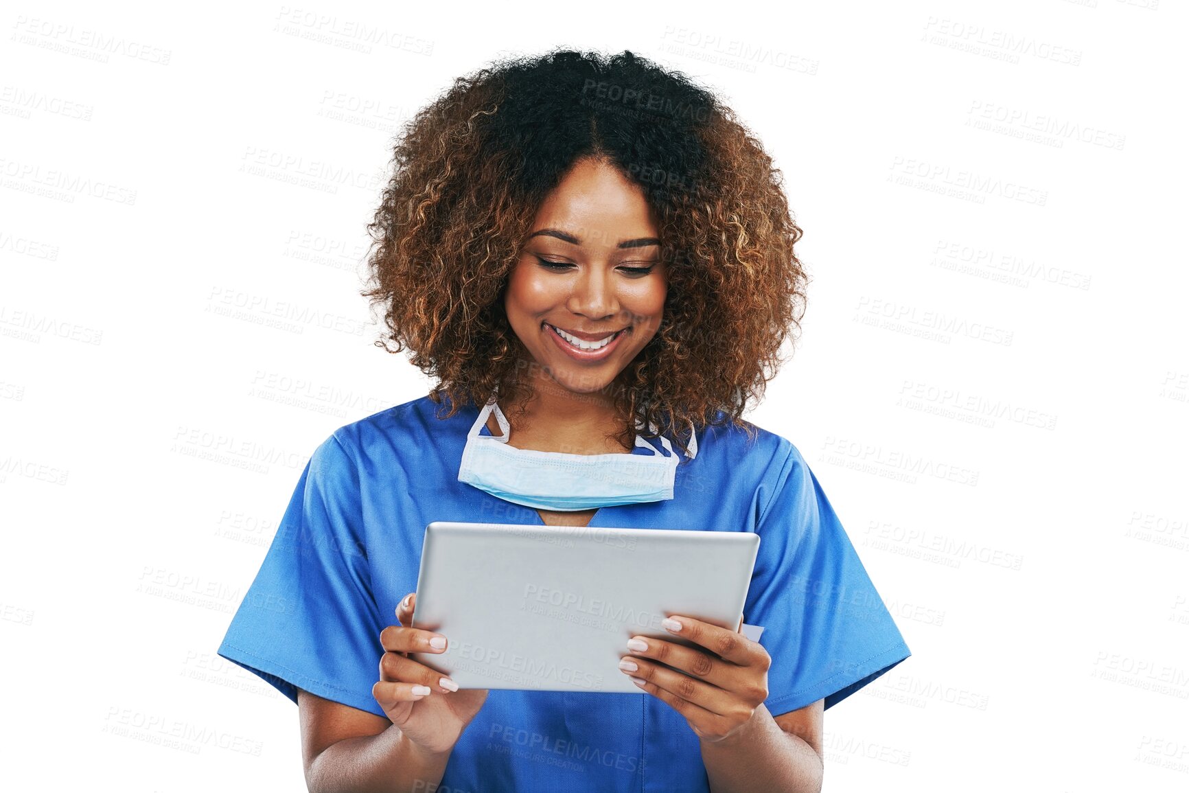 Buy stock photo African woman, nurse and tablet isolated on png, transparent background for surgery or hospital technology. Happy surgeon, doctor or medical person with mask, digital research and telehealth website