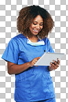 Doctor, black woman and tablet with focus, smile and research for healthcare problem. Isolated nurse, mobile tech touchscreen and reading email, social media app or chat isolated on a png background