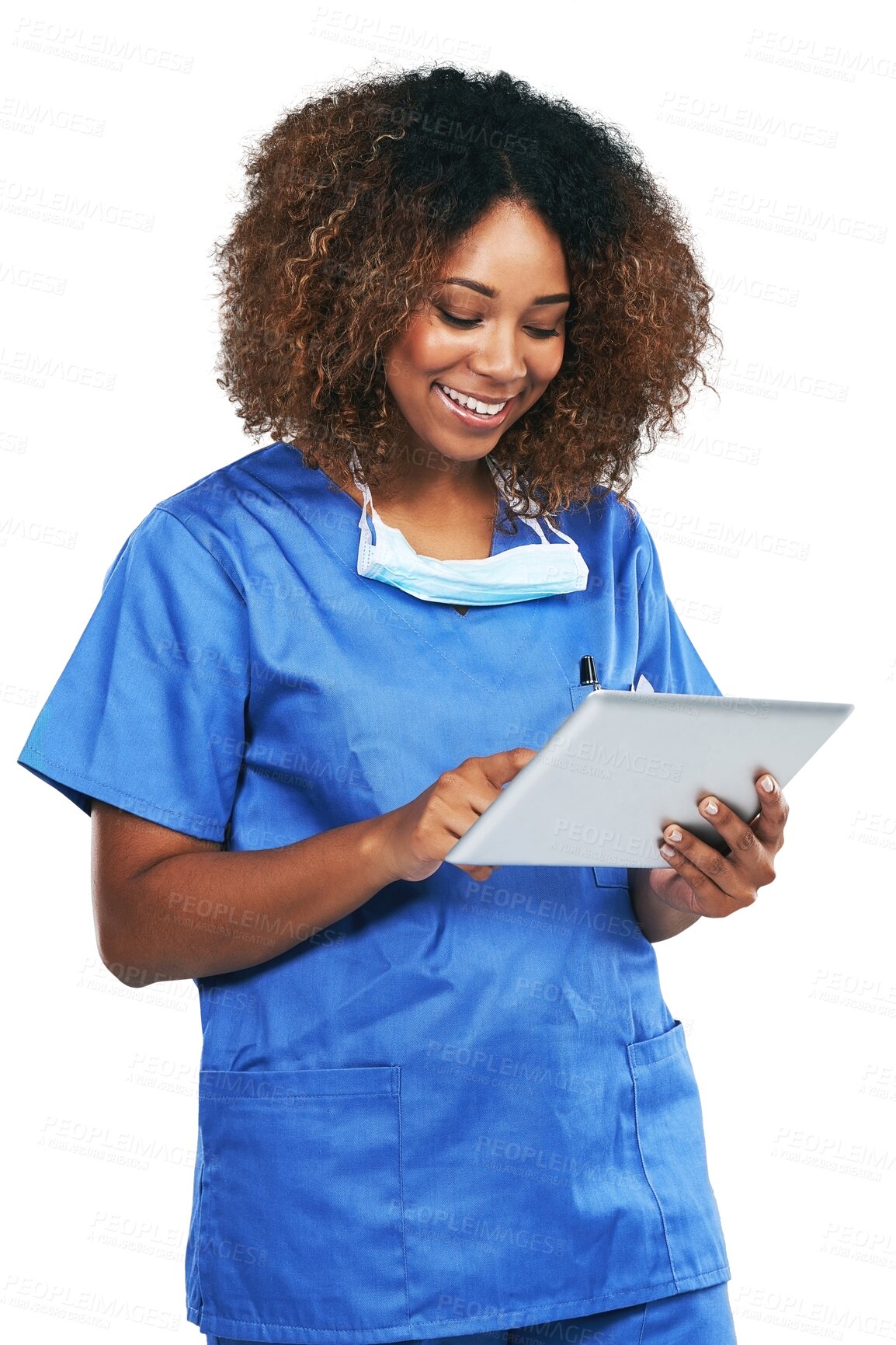 Buy stock photo Doctor, happy woman and tablet isolated on png, transparent background for surgery or hospital technology.  African surgeon, nurse or medical person with mask, digital research and telehealth website