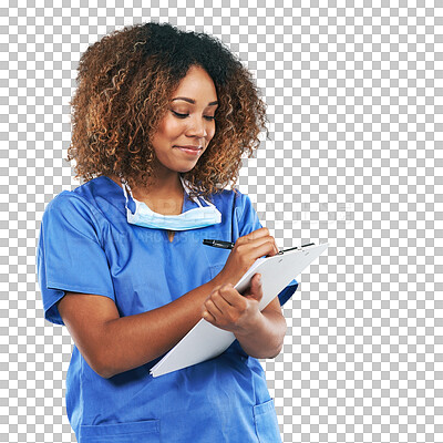 Nurse, healthcare and black woman writing on checklist mockup. Wellness, documents and female medical physician taking notes on clipboard for research records isolated on a png background