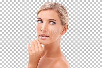 Skincare, thinking and woman for makeup, hygiene and grooming on an isolated and transparent png background. Beauty, confidence and girl model relax, skin and treatment, cosmetic and dermatology care
