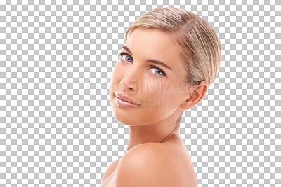 Makeup, beauty and face portrait of a woman on an isolated and transparent png background for skincare, cosmetics and dermatology. Natural model with glow on facial skin, spa treatment and wellness