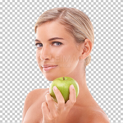 Apple, health and face portrait of woman with fruit product to lose weight, diet or body detox for wellness lifestyle. Model, nutritionist food and vegan on an isolated and transparent png background