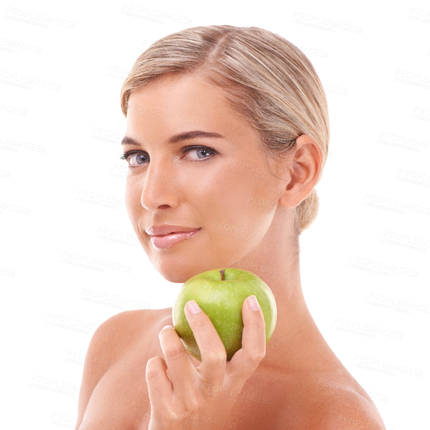 Buy stock photo Apple, fruit nutrition or portrait of woman with  lose weight diet and body detox for wellness. Female model, green nutritionist food and fruits for health on a isolated, transparent png background