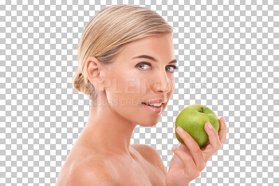 Buy stock photo Apple, health and nutrition portrait of woman with fruit for weight loss, diet or body detox for wellness. Female model, green and nutritionist vegan food on a isolated and transparent png background