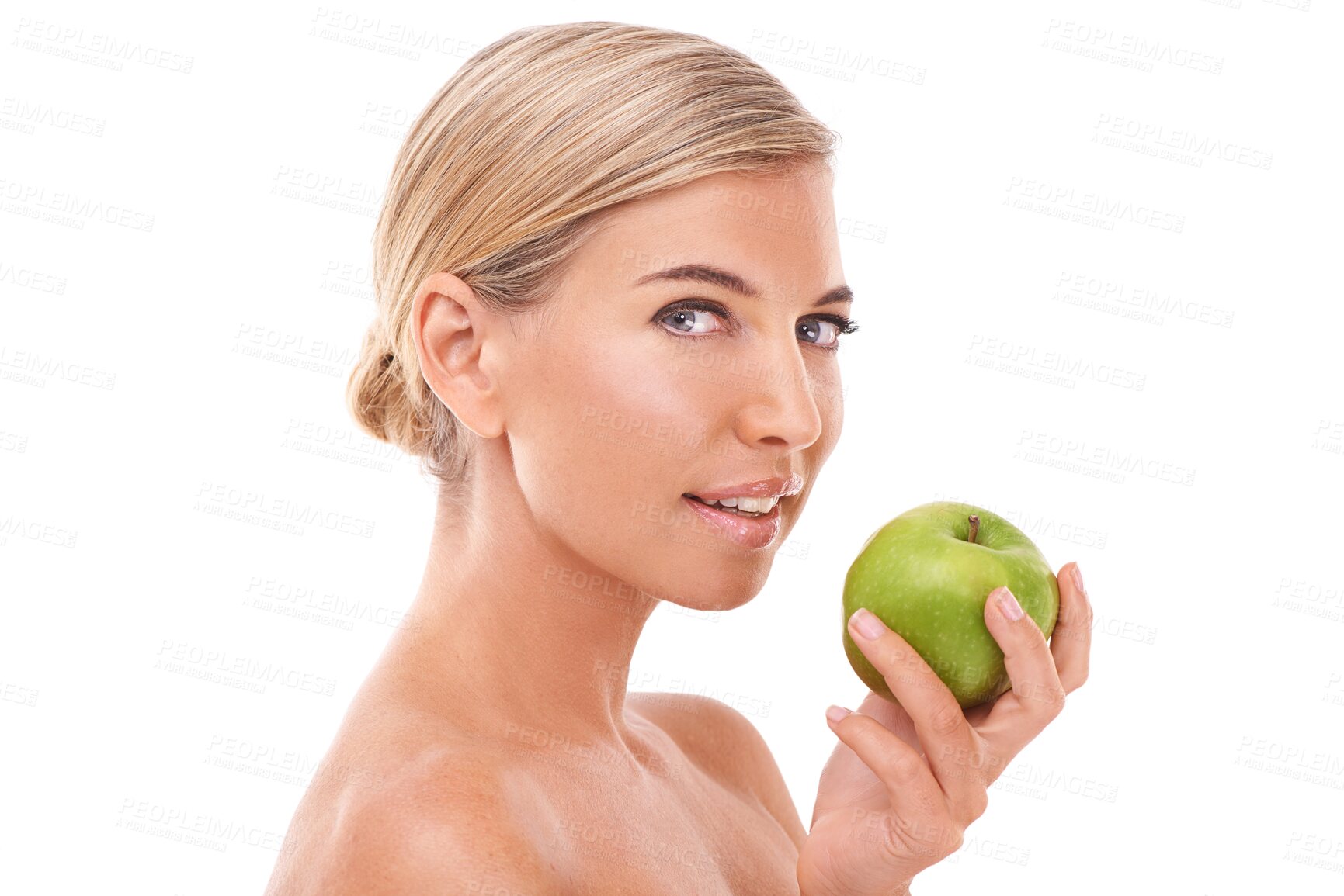 Buy stock photo Apple, health and nutrition portrait of woman with fruit for weight loss, diet or body detox for wellness. Female model, green and nutritionist vegan food on a isolated and transparent png background