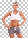 Portrait, woman and smile for fitness, sportswear and confident female on an isolated and transparent png background. Lady, girl and casual for healthy lifestyle, happiness and proud with body
