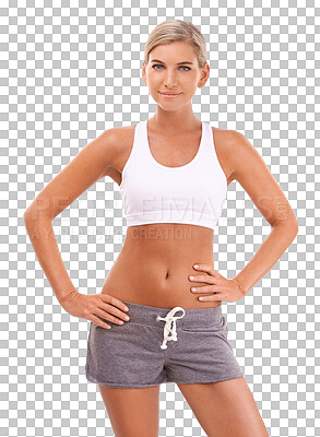 Buy stock photo Fitness, body and portrait of a woman with weightloss for health, wellness and diet success. Happy, slim and female athlete posing after exercise or workout isolated by a transparent png background.