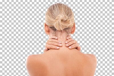 Buy stock photo Neck pain, back view and woman with stress, injury or ache after spa body care treatment. Medical emergency, accident and female model with a muscle sprain isolated by a transparent png background.