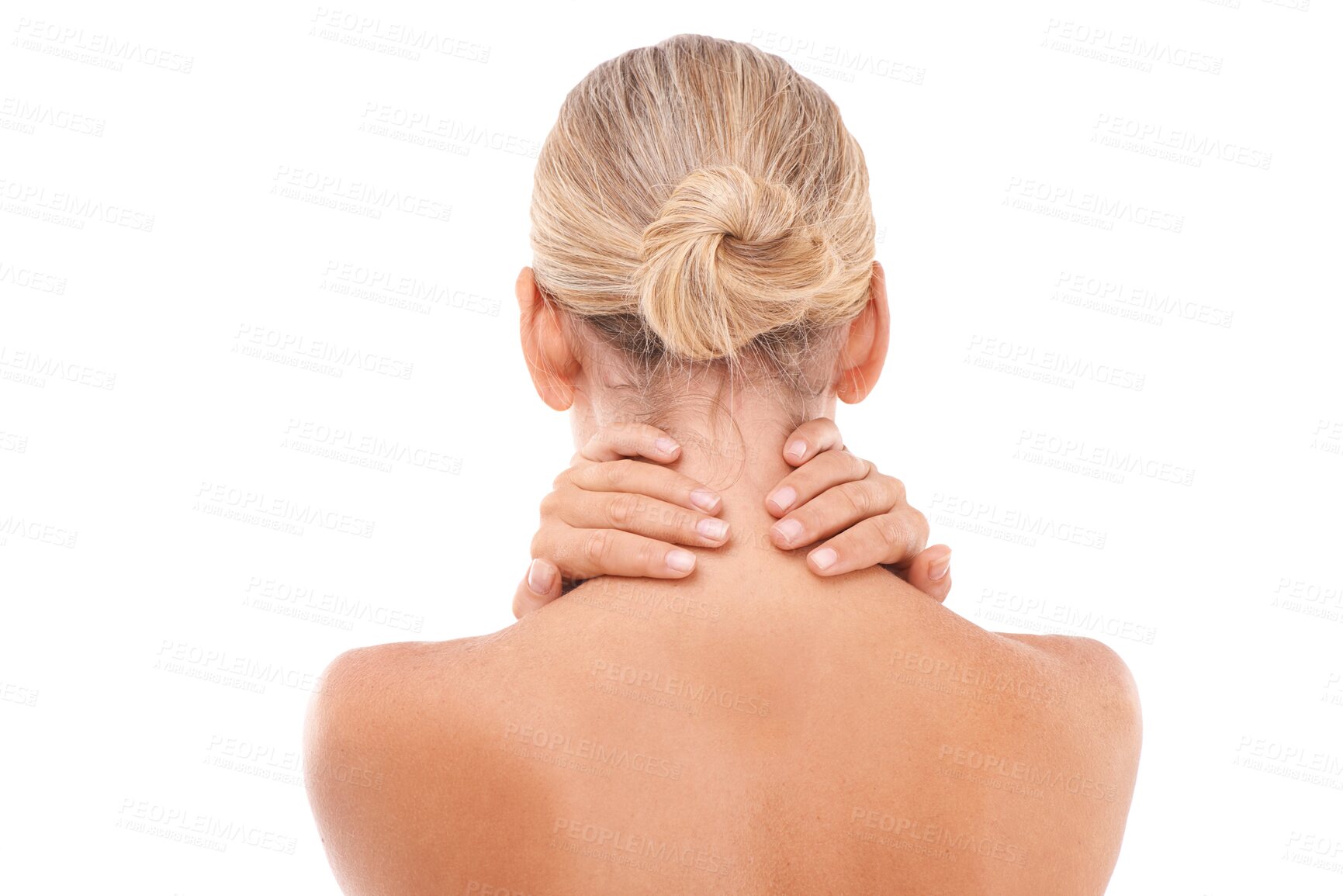 Buy stock photo Neck pain, back view and woman with stress, injury or ache after spa body care treatment. Medical emergency, accident and female model with a muscle sprain isolated by a transparent png background.