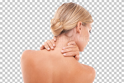Blond woman, back and hands in skincare, beauty and touching neck on an isolated and transparent png background. Female with pain relaxing in self love or care