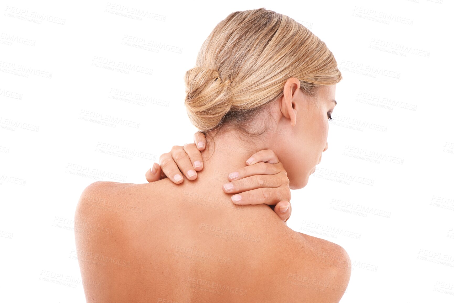 Buy stock photo Healthcare, back view and woman with neck pain, injury or accident after spa body care treatment. Medical emergency, hurt and female model with a muscle sprain isolated by transparent png background.