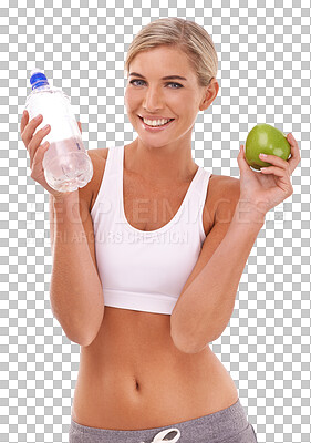 Apple, water and health portrait of woman with fruit product to lose weight, diet or body detox for wellness lifestyle. Hydration bottle, food and fitness on an isolated, transparent png background