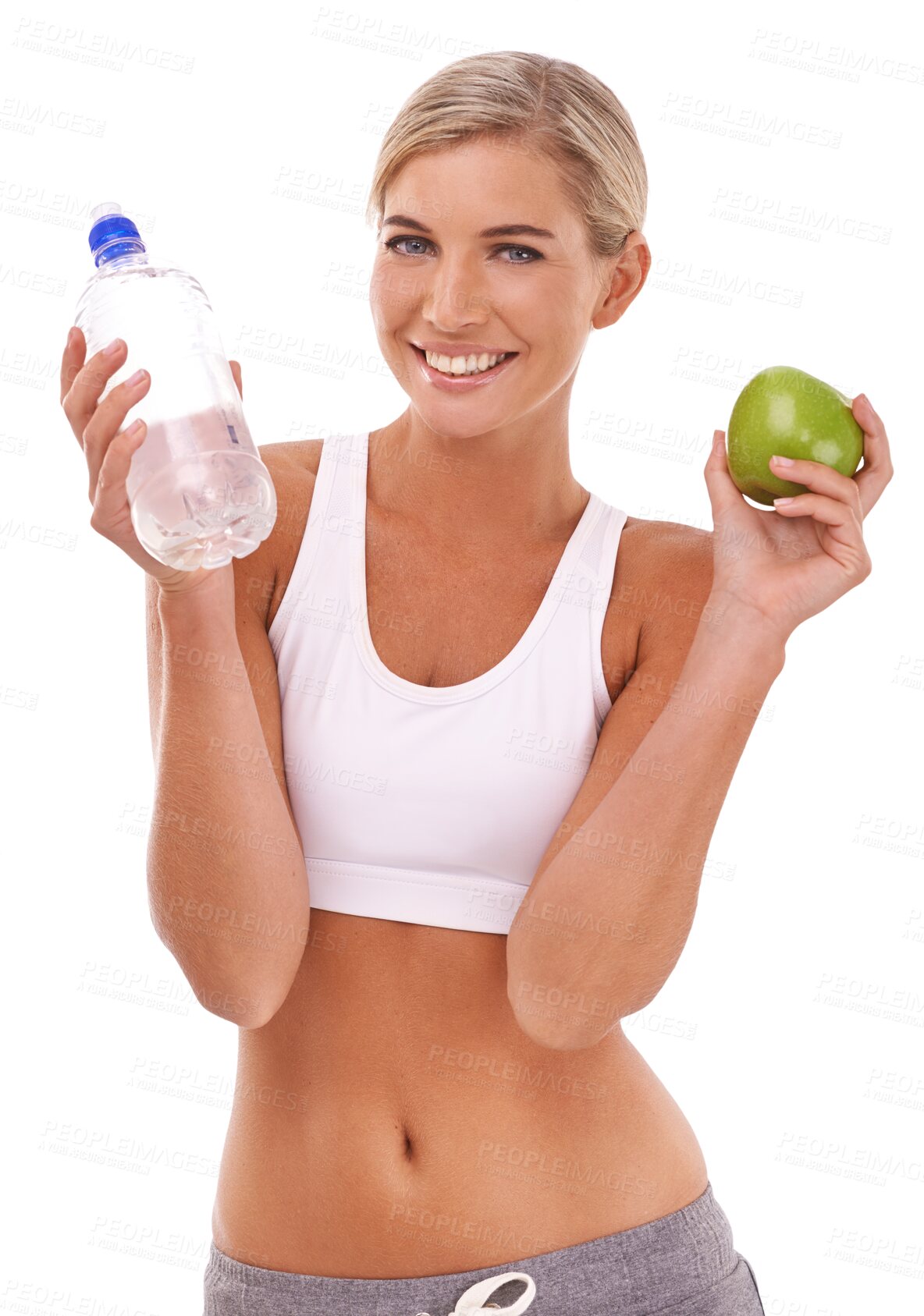 Buy stock photo Isolated woman, apple and water in portrait for health, diet or fitness for energy by transparent png background. Girl, model and smile on face for fruit, bottle or nutrition for choice, body or goal