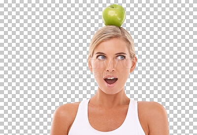 Woman, wow and apple on head for wellness, diet and balance on an isolated, transparent png background. Fruit and surprise expression face for vitamin c, natural nutrition and healthy organic food
