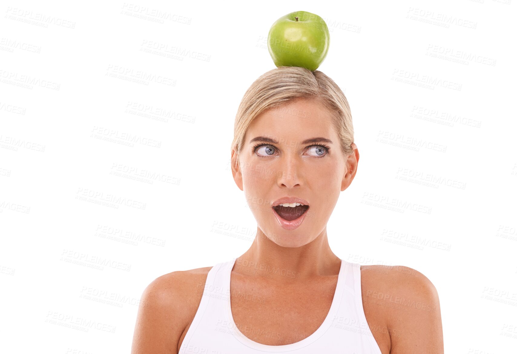 Buy stock photo Apple, health and wow with portrait of woman on transparent background for balance, diet and nutrition. Vitamin c, fruit and surprise with face of person isolated on png for fitness, food and news