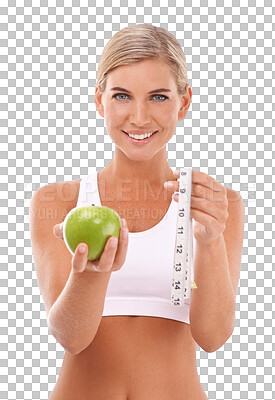 Woman, portrait and apple with measure tape for wellness or diet on an isolated and transparent png background. Model, fruit and goal to lose weight with vitamin c, natural nutrition or healthy food
