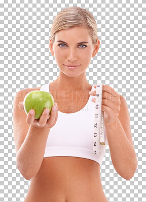 Woman, apple and measure tape in portrait for wellness and nutrition on an isolated, transparent png background. Model, fruit and goal to lose weight for vitamin c, natural diet or healthy food