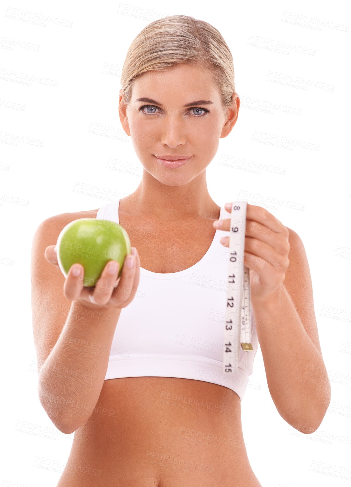 Buy stock photo Apple, measuring tape and portrait of woman on png for diet, health and weight loss choice. Nutrition, food and fitness with female model isolated on transparent background for fruit and self care