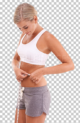 Health, fitness and woman with tape measure for abdomen on an isolated, transparent png background. Diet, wellness and slim female model measuring waist to track weightloss goals, progress or target