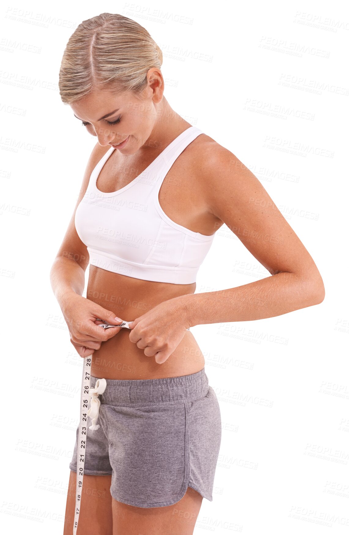 Buy stock photo Health, measuring and tape with body of woman on png for weight loss, diet and workout. Progress, fitness and goals with female model isolated on transparent background for wellness, target and gym