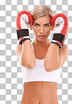 Portrait, boxer or sports woman in fitness training, workout or exercise with focus. Face of healthy athlete in fighting or boxing gloves for self defense on an isolated, transparent png background