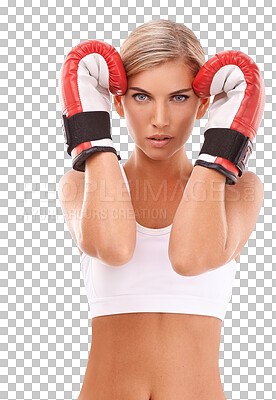 Buy stock photo Isolated boxer woman, portrait and block for safety, sport or fitness with focus, mindset and png background. Girl, boxing gloves and training for contest, competition or match with hands on guard