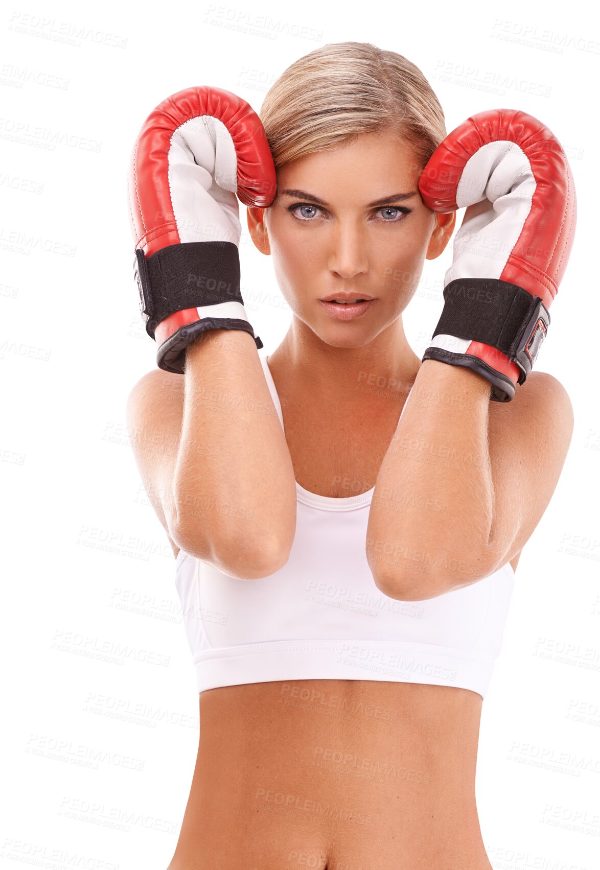 Buy stock photo Isolated boxer woman, portrait and block for safety, sport or fitness with focus, mindset and png background. Girl, boxing gloves and training for contest, competition or match with hands on guard