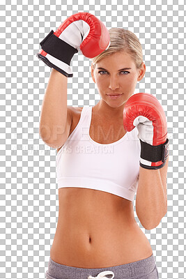 Sports, fitness and portrait of woman with boxing gloves, confidence and motivation to box on an isolated and transparent png background. Exercise and empowerment, female boxer ready for challenge