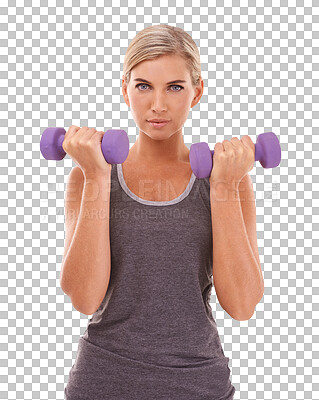 Buy stock photo Fitness, dumbbells and portrait of woman for workout on isolated, PNG and transparent background. Healthy body, wellness and female model with gym equipment for weightlifting, training and exercise