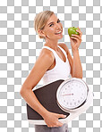 Woman, apple and carrying scale for diet, weightloss or healthy nutrition on an isolated and transparent png background. Portrait of happy female with smile for organic, vitamins and dieting food