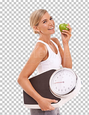 Buy stock photo Woman is eating apple, scale and lose weight with healthy food and portrait isolated on transparent png background. Nutrition, health and wellness with female person and organic fruit for weightloss