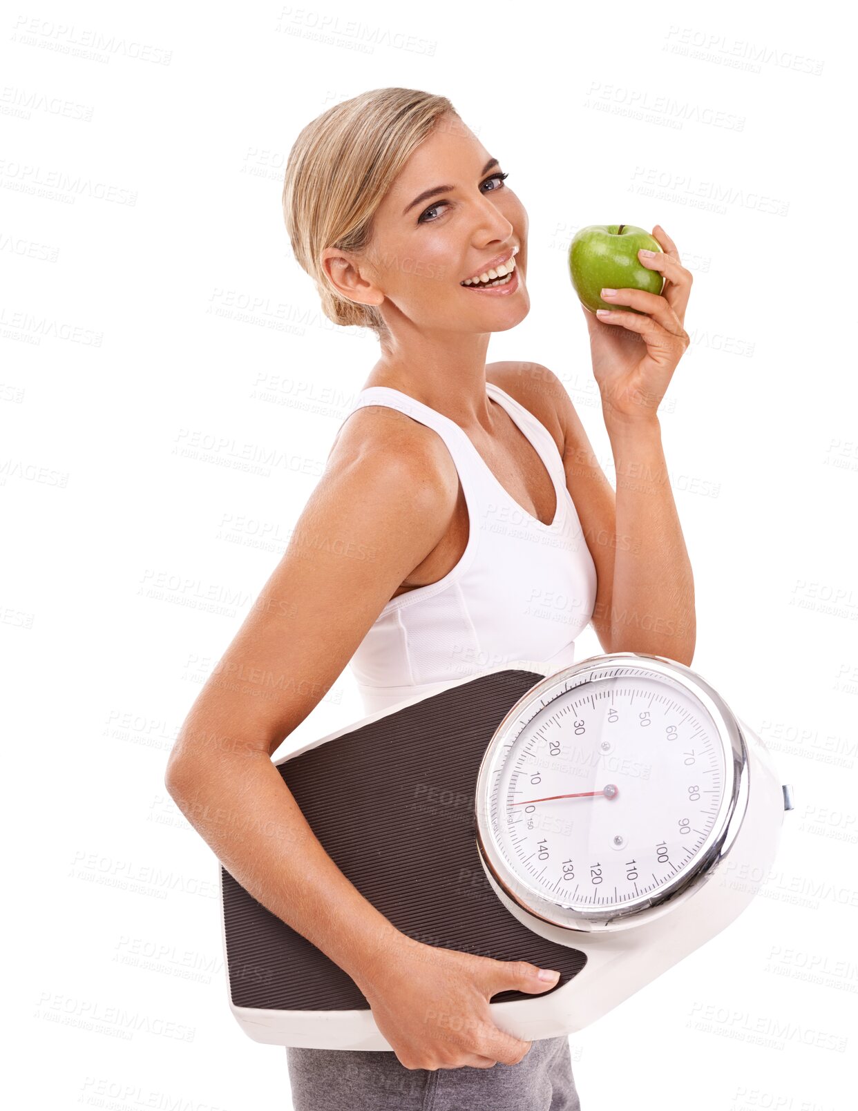 Buy stock photo Woman is eating apple, scale and lose weight with healthy food and portrait isolated on transparent png background. Nutrition, health and wellness with female person and organic fruit for weightloss