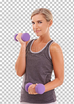 Woman, dumbbells and portrait for wellness, muscle and health on an isolated and transparent png background. Weightlifting model and training, workout and exercise for strong body goals