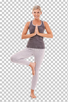Buy stock photo Yoga, fitness and woman portrait in tree pose for meditation, spiritual wellness and healing. Zen mindfulness, peace and happiness, girl standing isolated on transparent png background for balance