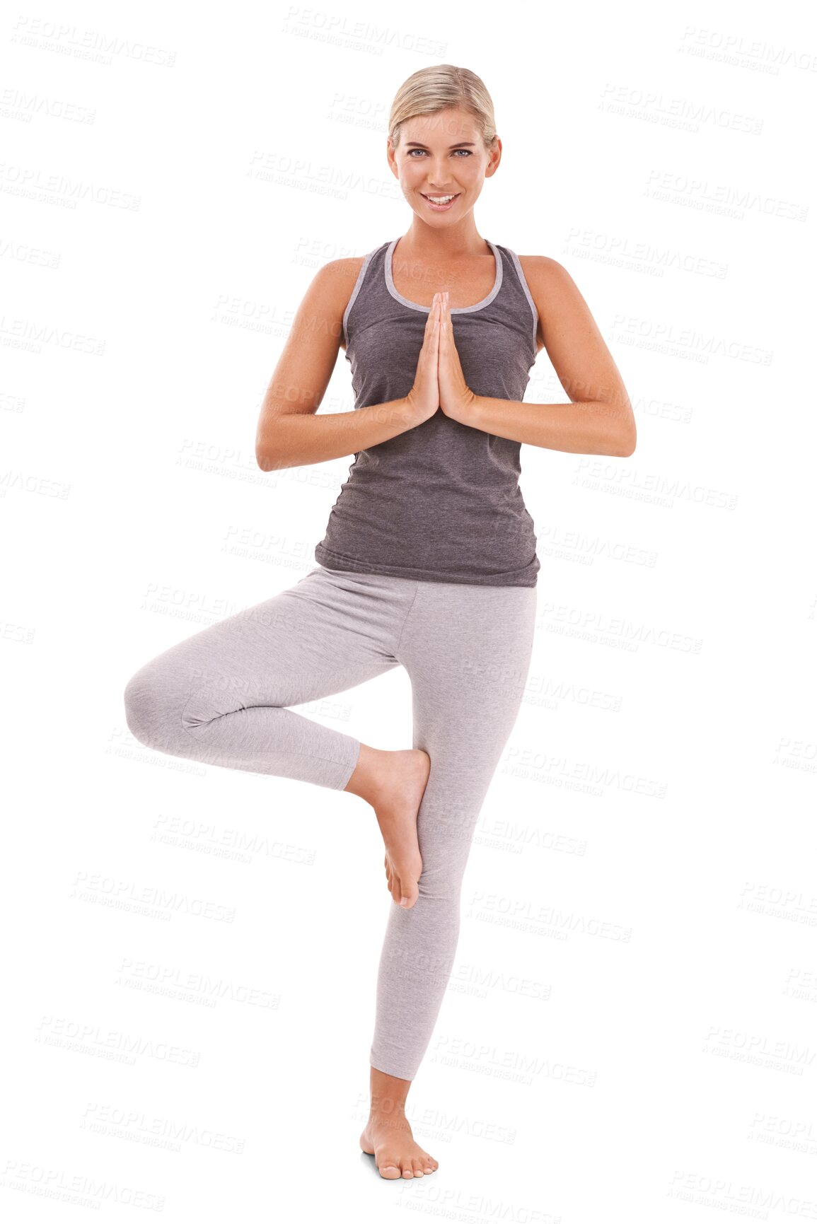 Buy stock photo Yoga, fitness and woman portrait in tree pose for meditation, spiritual wellness and healing. Zen mindfulness, peace and happiness, girl standing isolated on transparent png background for balance