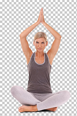 Yoga meditation, fitness and portrait of woman meditate for, spiritual soul aura or chakra energy healing. Zen mindfulness, mindset peace and relax pilates on an isolated, transparent png background