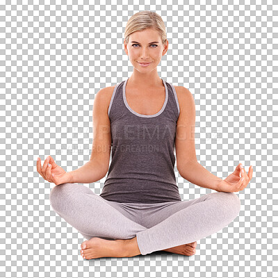 Buy stock photo Yoga, fitness and portrait of happy woman in lotus pose for meditation, spiritual wellness and chakra energy healing. Zen mindfulness, peace and health, girl isolated on transparent png background.